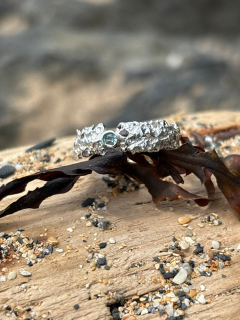 Porthleven Sand Cast Silver Ring with Aqua stone