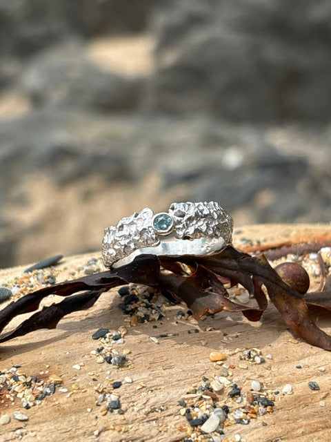 Porthleven Sand Cast Silver Ring with Aqua stone