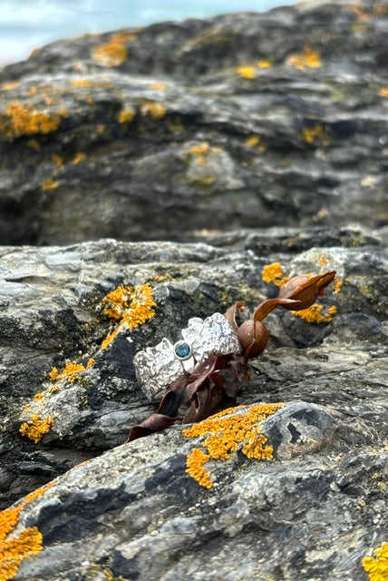 Porthleven Sand Cast Ring with Aqua marine stone (Wide)
