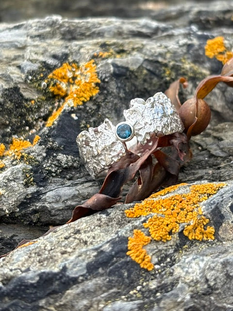 Porthleven Sand Cast Ring with Aqua marine stone (Wide)