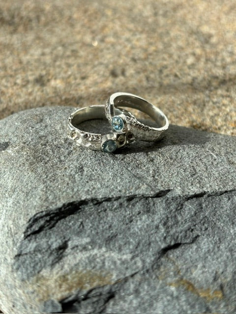 Porthleven Sand Sand Cast Rings with an Aquamarine 4mm stone