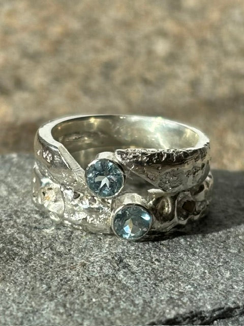 Porthleven Sand Sand Cast Rings with an Aquamarine 4mm stone