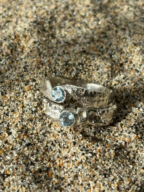 Porthleven Sand Sand Cast Rings with an Aquamarine 4mm stone