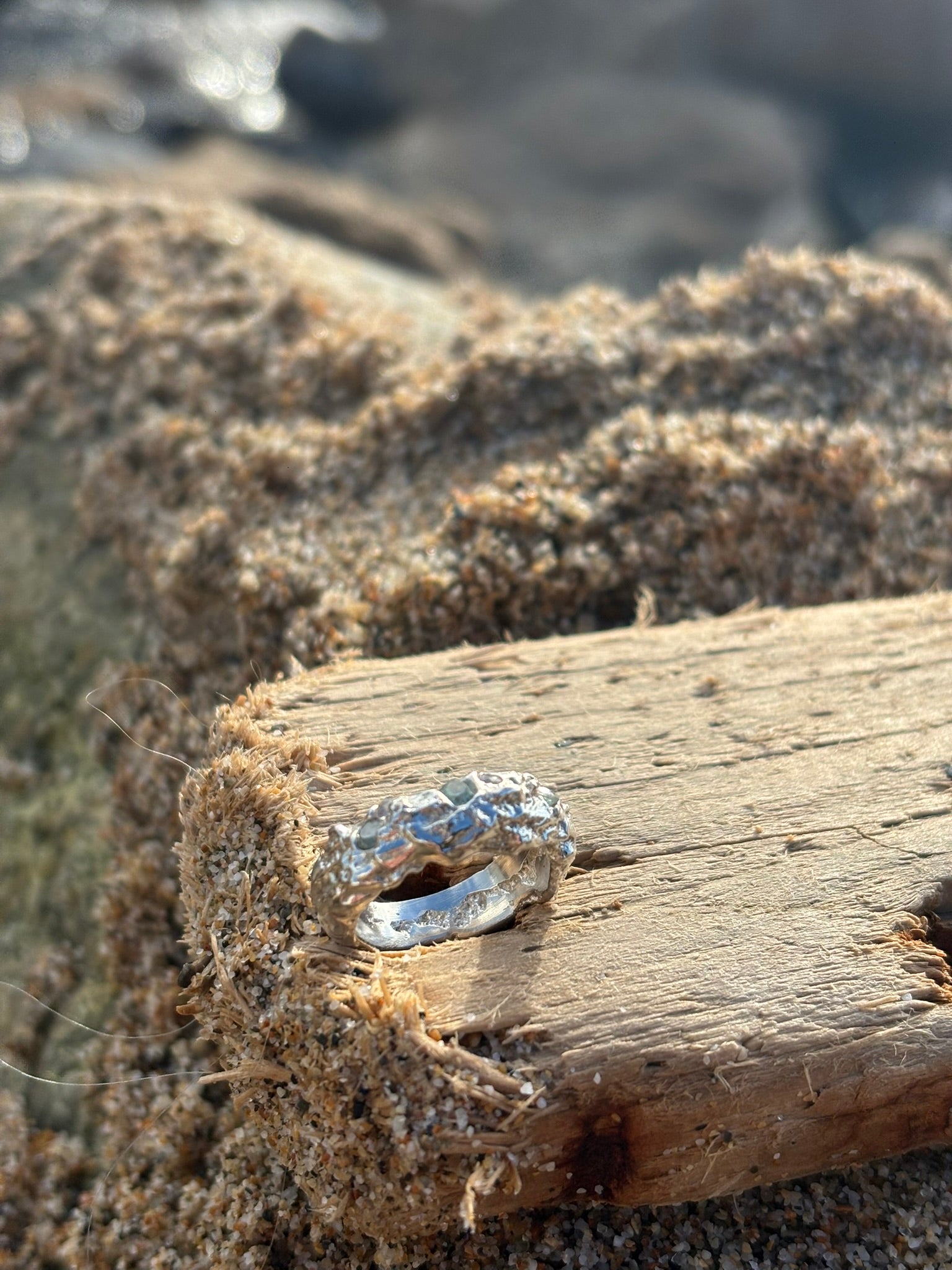 Silver Diamond in the Ocean Ring Pale Blue and Light Green
